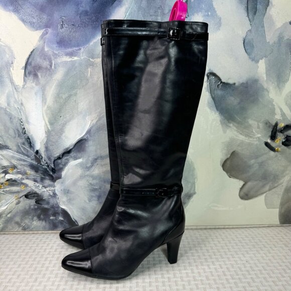 Clarks Shoes - Clarks Womens Leather Knee-High Boots With Buckle Straps & Heels Size 7.5 Black